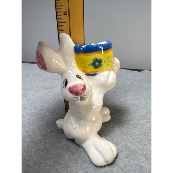 Ceramic Bunny Holding Colorful Egg Planter Figurine  6" tall - Picture 9 of 10